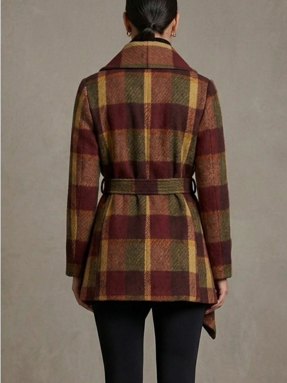 Chicwish Plaid Wrap Coat in Burgundy, Mustard & Olive size S - Picture 2 of 10